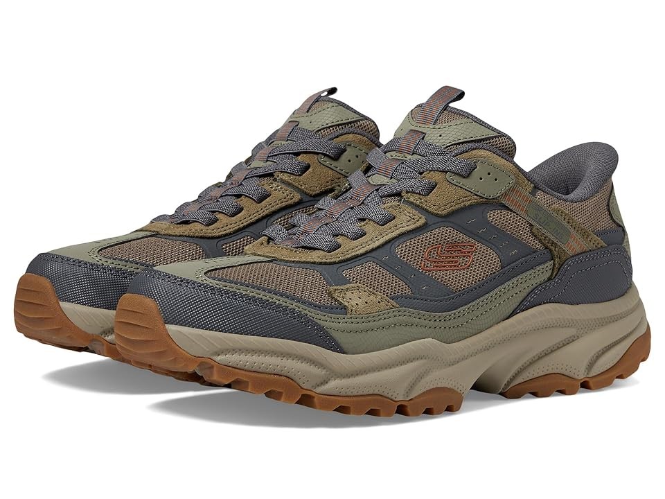 Men's Skechers Sport Vigor sneakers in grey and olive green, featuring a rugged design, mesh and synthetic upper, cushioned sole, and contrasting rubber outsole for traction.