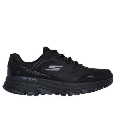 Black leather hiking boots featuring a cushioned sole, rugged tread, and Skechers Performance branding, designed for trail running and outdoor activities.