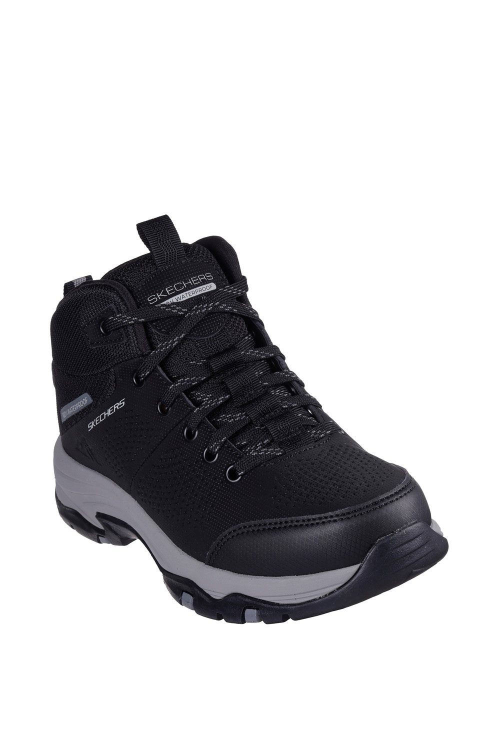 Black Skechers Trego Trail Destination Hiker featuring a breathable mesh upper, sturdy laces, padded collar, and a durable rubber sole for traction on various terrains.