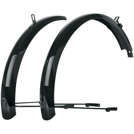 Black plastic mudguards designed for 20-inch bicycles, featuring a sleek, curved shape and adjustable mounting brackets for easy installation.