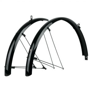 Black SKS Bluemels mudguard set featuring two curved fenders with a glossy finish, adjustable mounting brackets, and support struts for enhanced durability.