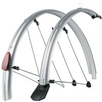 Silver SKS Chromoplastic mudguards for 700c wheels, 50mm wide, with black end caps and metal stays.