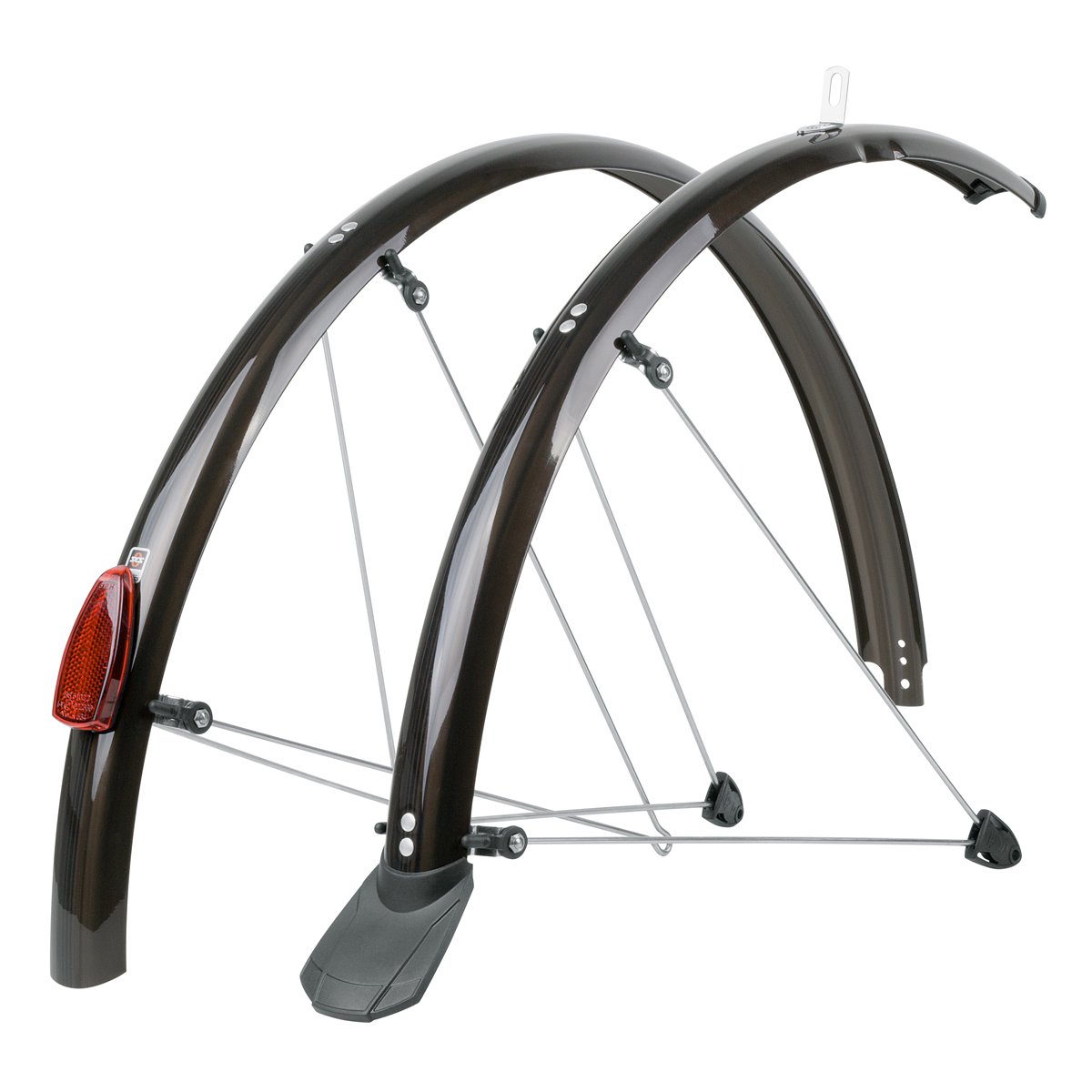 SKS Chromoplastic mudguards in dark brown, designed for 700c wheels, featuring a sleek, curved shape, metal supports, and a rear reflector for added safety.