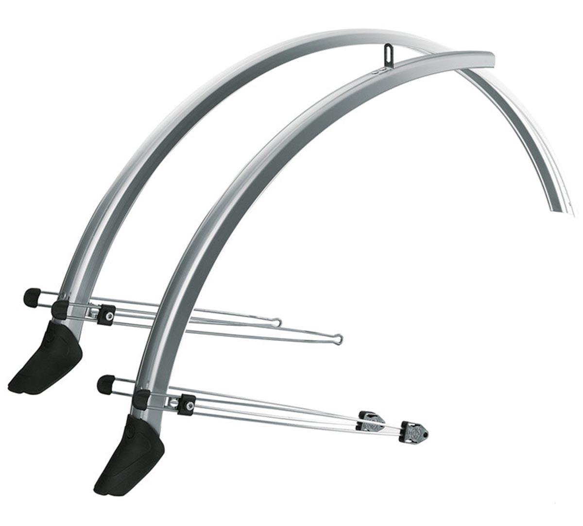 Silver SKS commuter mountain bike mudguard set with curved design and black end caps.