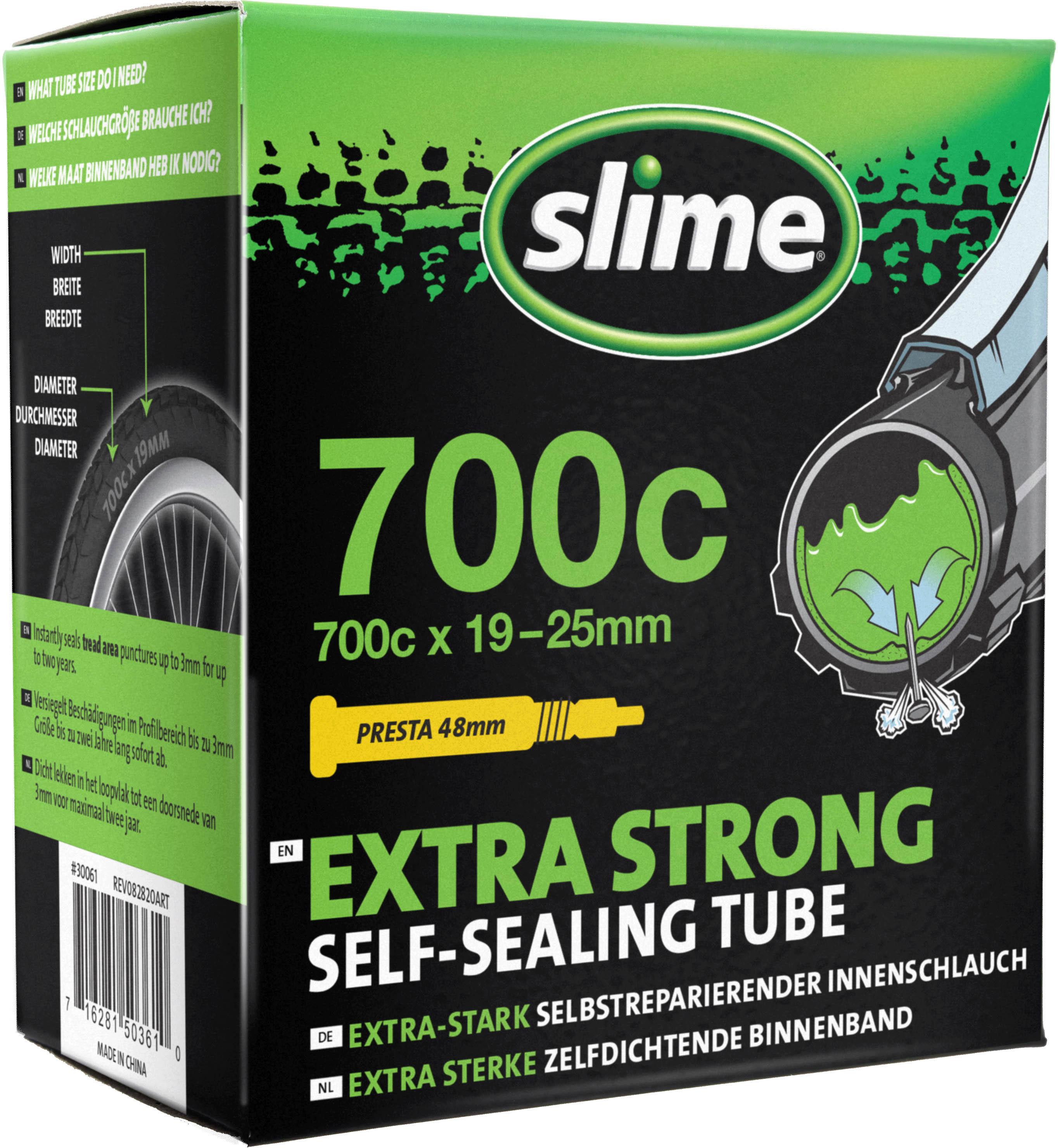 "Green and black Slime self-sealing inner tube box, 700 x 19-25mm, Presta valve, extra strong seal illustration"