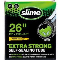 Slime Smart Self-Sealing Inner Tube packaging, green and black with Presta valve, 26 x 2.35-3.0 size.