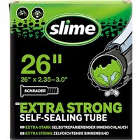 "Slime Smart Self-Sealing Inner Tube, 26 x 2.35-3.0, green liquid graphic, black packaging with bike icons"