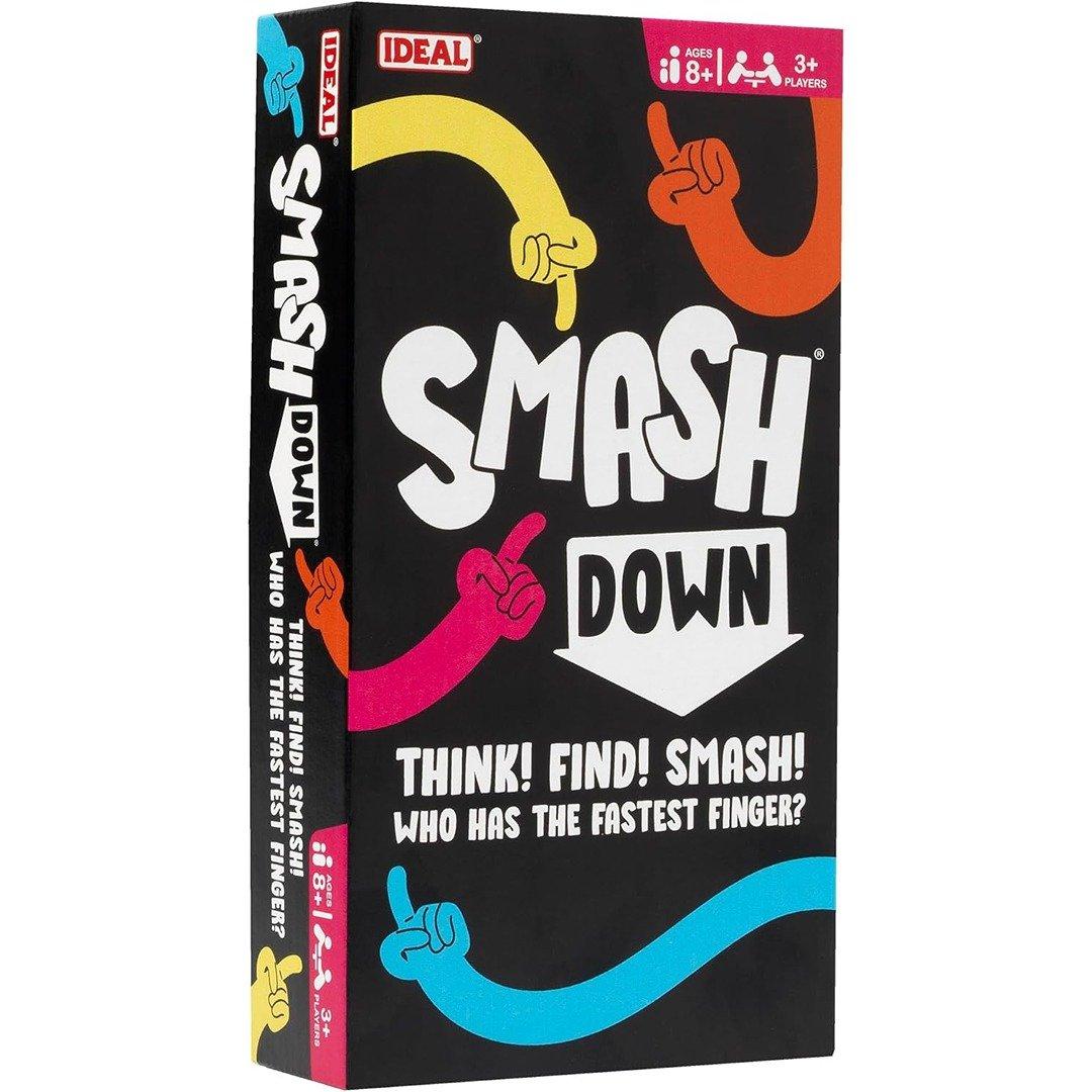 Colorful box for the "Smash Down Game" featuring bold text and playful hand graphics, designed for 3+ players, emphasizing quick thinking and fast reflexes.