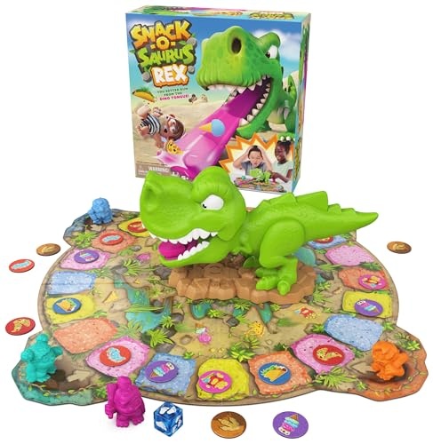 Bright green dinosaur game centerpiece with a playful expression, surrounded by colorful game pieces and a vibrant circular board, featuring a box with fun graphics.