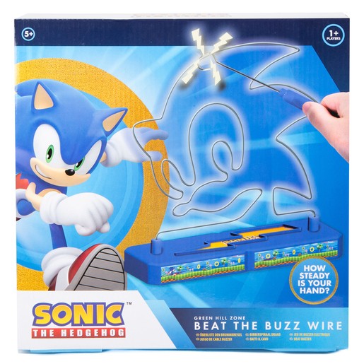 Sonic the Hedgehog Beat the Buzz Wire Game features a blue base with colorful lights, a wire maze shaped like Sonic’s face, and a hand holding a wand to navigate the maze.