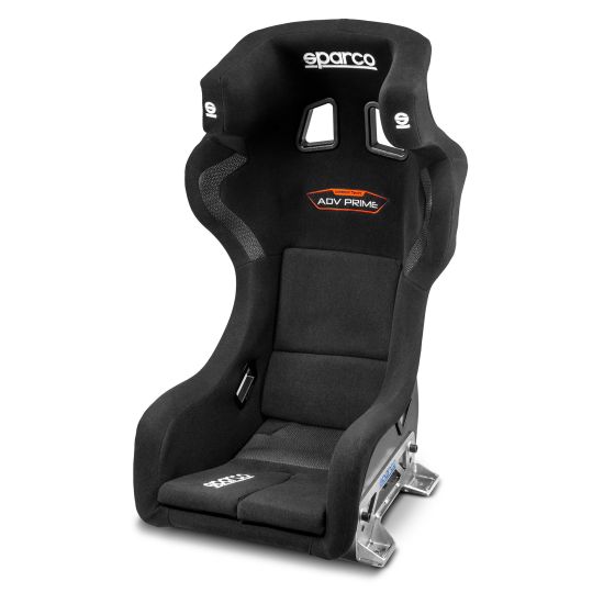 Black Sparco ADV Prime 8862 racing seat featuring a sleek design, soft fabric upholstery, reinforced side bolsters, and a prominent orange logo on the backrest.