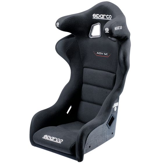 Black carbon fibre racing seat with a high back, side bolsters, and ergonomic design, featuring Sparco branding and a sleek, modern look.