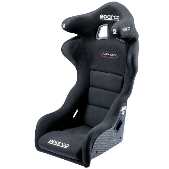 Sparco ADV-SCX carbon fibre racing seat in black, featuring a high-back design, multiple padding sections, and a sleek, lightweight construction for optimal support and safety.