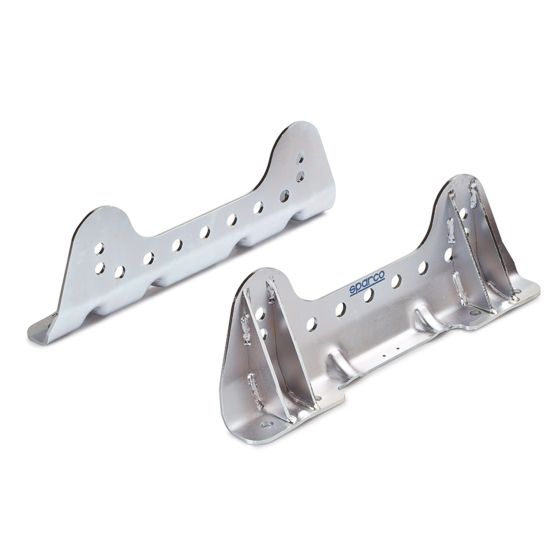 Sparco alloy side mounts for ADV SCX seat, featuring a sleek silver finish, sturdy metal construction, and multiple mounting holes for adjustable positioning.