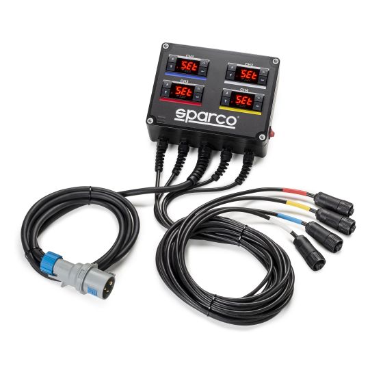 Sparco Analogue Tyre Warmer Controller in black, featuring four digital temperature displays, multiple connection cables, and a robust design for efficient tyre heating.