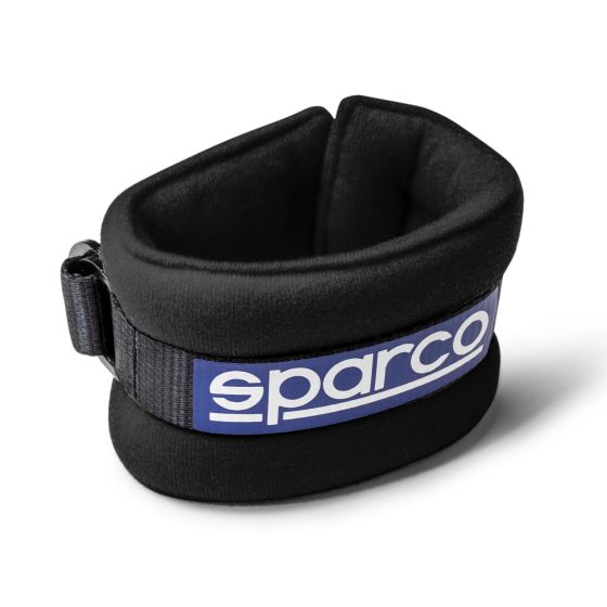 Black Sparco arm restraints made of soft material, featuring a padded design and a blue logo strap for secure fastening.