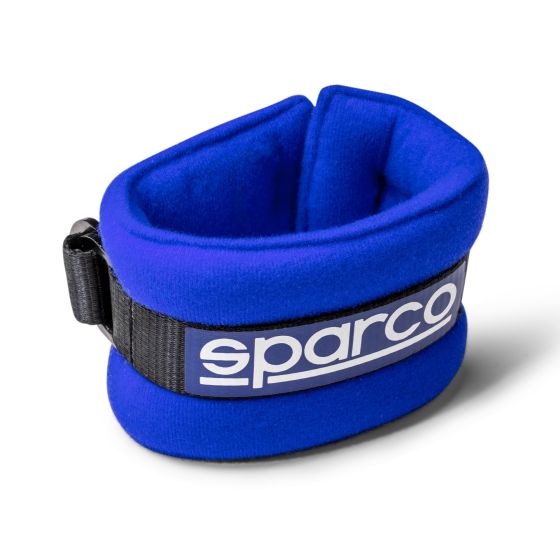 Blue Sparco arm restraints made of soft material, featuring a padded design and a black adjustable strap with the white "sparco" logo prominently displayed.