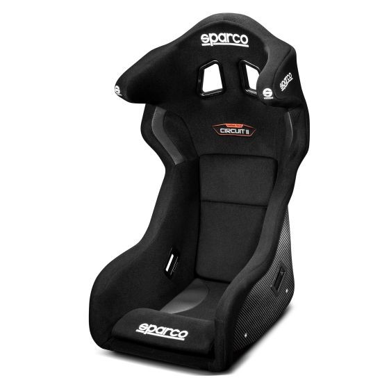 Black Sparco Circuit II carbon racing seat with a sleek design, featuring cutouts for harnesses and a comfortable, supportive shape, ideal for motorsport use.