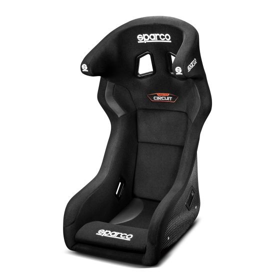 Black Sparco Circuit II carbon racing seat featuring a high-back design, side bolsters for support, and distinctive Sparco branding on the headrest and seat.