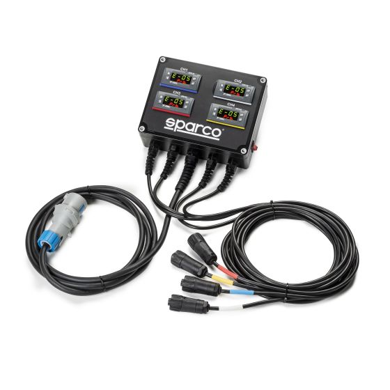 Sparco Digital Tyre Warmer Controller in black features four digital displays, multiple connectors, and durable cables for efficient tyre temperature management.