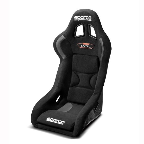 Black Sparco EVO QRT racing seat featuring a sleek design, breathable fabric, and reinforced side bolsters for optimal support and safety during racing.