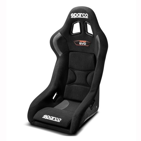 Black carbon racing seat with a sleek design, featuring a high back, side bolsters, and cutouts for harnesses, made from durable materials for optimal support and comfort.