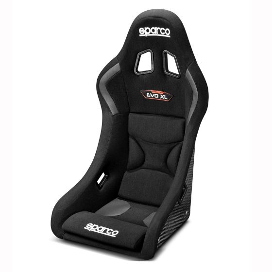 Sparco Evo XL carbon racing seat in black, featuring a sleek design, supportive padding, and cutouts for harnesses, ideal for high-performance vehicles.