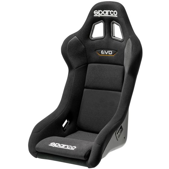 Black fibreglass racing seat with a sleek design, featuring high side bolsters, breathable fabric, and Sparco branding in white and orange on the backrest and cushion.
