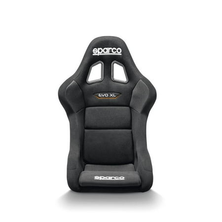 Black fibreglass sim racing seat with a sleek design, featuring three harness slots, padded cushions, and Sparco branding on the headrest and base.