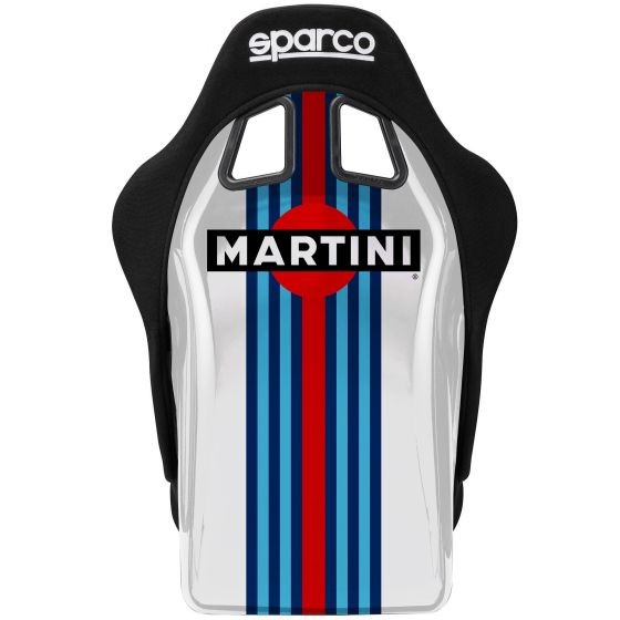 Sparco Evo QRT fibreglass sim racing seat featuring a custom Martini Racing wrap, showcasing a white base with red and blue stripes and a black padded headrest.