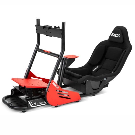Sparco Evolve GP Sim Racing Cockpit features a red cloth seat, black metal frame, adjustable pedal plate, and a sturdy design for immersive racing experiences.