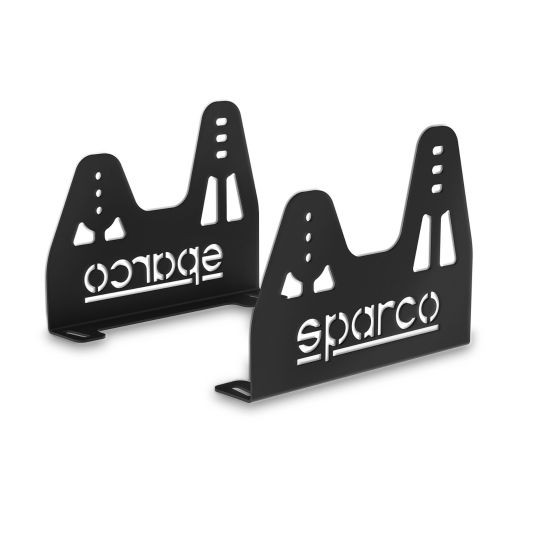 Black steel side mounts designed for Sparco Junior and Pro kart seats, featuring a cut-out logo and multiple mounting holes for adjustable installation.