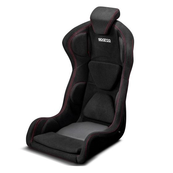 Black fabric racing seat with red stitching, high backrest, and ergonomic design, featuring a padded headrest and contoured sides for enhanced support in sim racing.