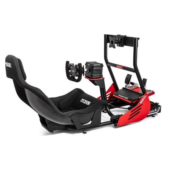 Sparco Evolve Pro GP Rig in black and red, featuring a racing seat, adjustable frame, and mounts for steering wheel and pedals, designed for sim racing enthusiasts.