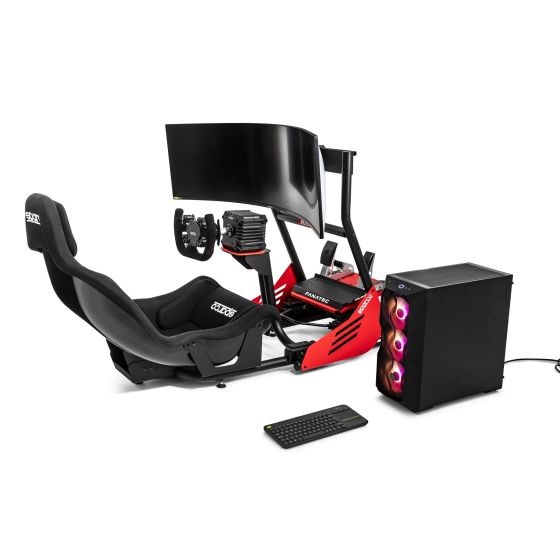 Sparco Evolve Pro GP Rig II sim racing cockpit in red, featuring a sleek racing seat, adjustable steering wheel, monitor mount, and a black gaming PC with RGB lighting.