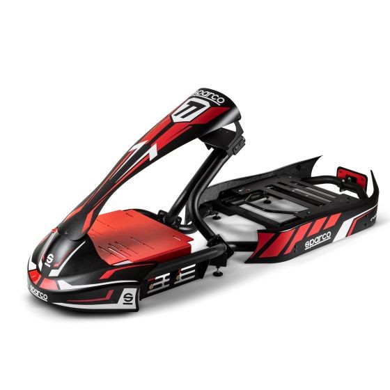 Sparco Evolve Pro Sim Racing Kart Chassis featuring a sleek black and red design, aerodynamic shape, and sturdy frame, ideal for immersive racing simulations.