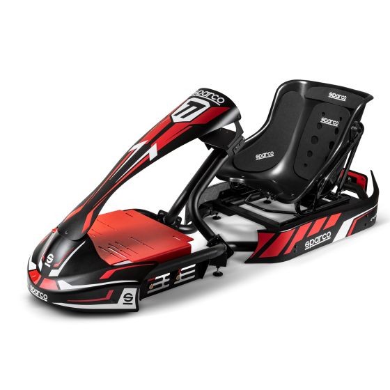 Sparco Evolve Pro Sim Racing Kart Cockpit features a sleek black and red design, with a comfortable racing seat, adjustable frame, and a sturdy base for immersive racing experiences.
