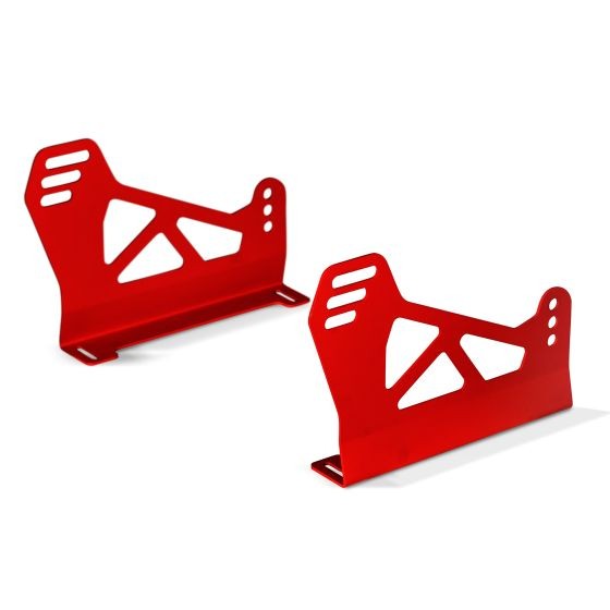 Red aluminum side mounts for sim racing karts, featuring a geometric cutout design and multiple mounting holes for enhanced adjustability and stability.