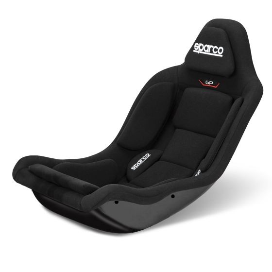 Red cloth Sparco GP sim racing seat featuring a sleek design, padded sections for comfort, and a black base with the Sparco logo prominently displayed on the headrest.
