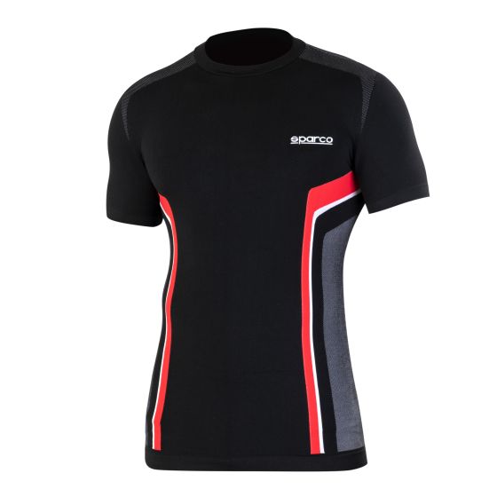 Black short-sleeve gaming T-shirt featuring red and grey stripes, made from breathable material, with a Sparco logo on the chest.