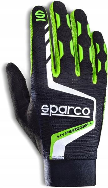 Black gaming glove with green accents, featuring a textured grip, breathable material, and the Sparco logo prominently displayed on the wrist area.