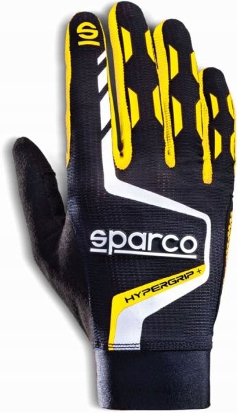 Black and yellow Sparco Hypergrip+ gaming gloves, featuring a textured grip, breathable material, and the Sparco logo prominently displayed on the back.