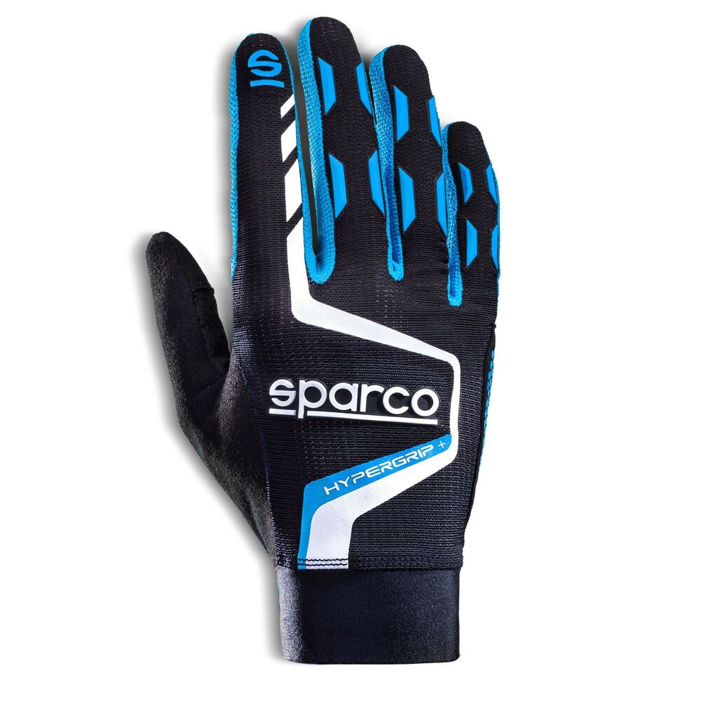 Black and blue Sparco Hypergrip+ gaming gloves with a textured grip, featuring a sleek design, reinforced fingertips, and breathable material for enhanced performance.