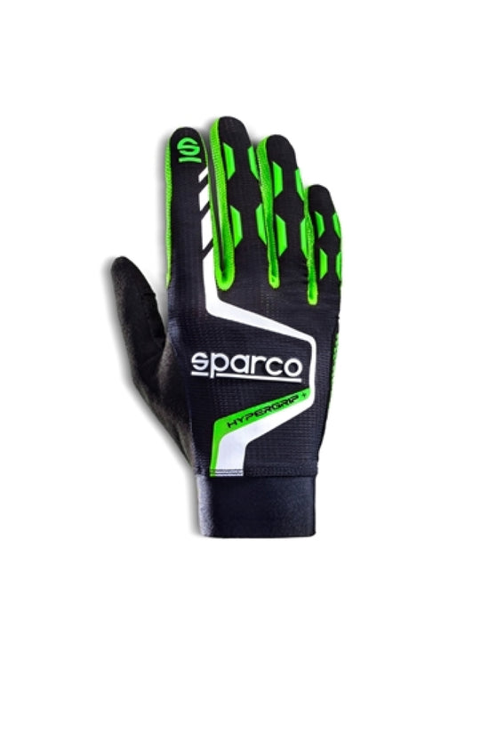 Black gloves with green accents, featuring a textured grip, breathable material, and Sparco branding on the wrist and back, designed for enhanced performance.