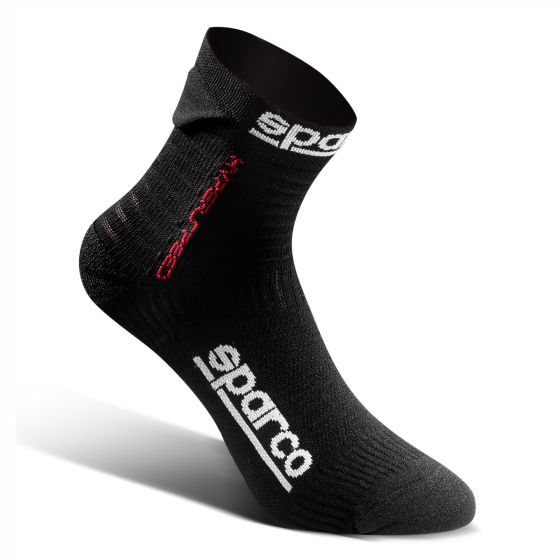 Black and red Sparco Hyperspeed gaming socks in size XS, featuring a snug fit, breathable material, and prominent Sparco branding on the sides.