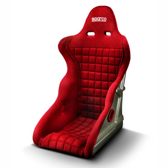 Red Sparco Legend Carbon Kevlar racing seat featuring a quilted design, side bolsters, and a lightweight carbon fiber frame.