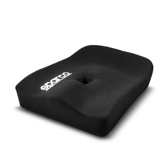 Black low cushion seat base for Sparco QRT-R, Evo, and Circuit seats, featuring a contoured design and a central cutout, made from non-waterproof material and FIA compliant.
