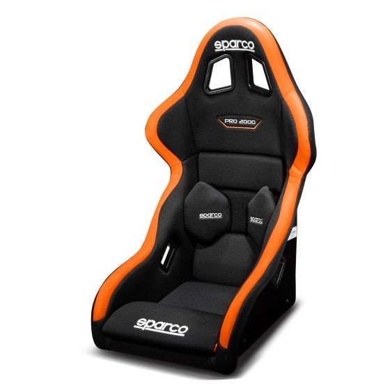 Sparco Pro 2000 QRT fibreglass sim racing seat in black with fluro orange accents, featuring a high-back design, side bolsters, and cutouts for harnesses.