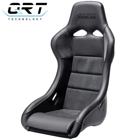 Sparco QRT Performance Seat in black leather and suede, featuring a sleek design, high side bolsters, and prominent Sparco branding on the headrest.