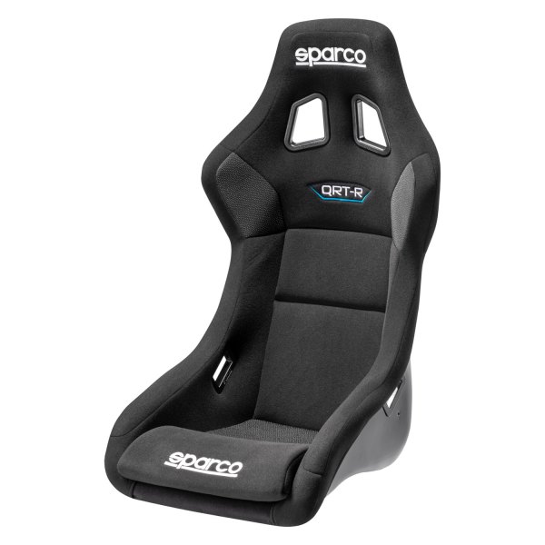 Black QRT-R Series racing seat by Sparco, featuring a sleek design with a fabric finish, supportive side bolsters, and cutouts for harnesses, ideal for motorsport enthusiasts.